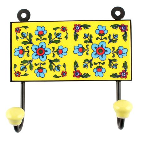Yellow With Turquoise Tiny Flower Ceramic Tiles Hooks